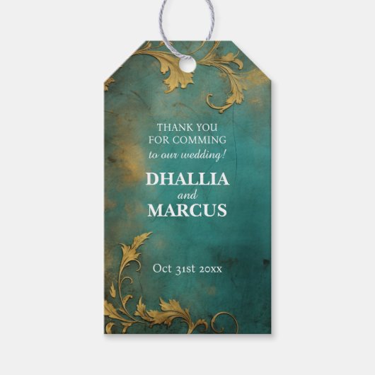 Étiquettes-cadeau Goth Floral Turquoise Et Or (Devant)