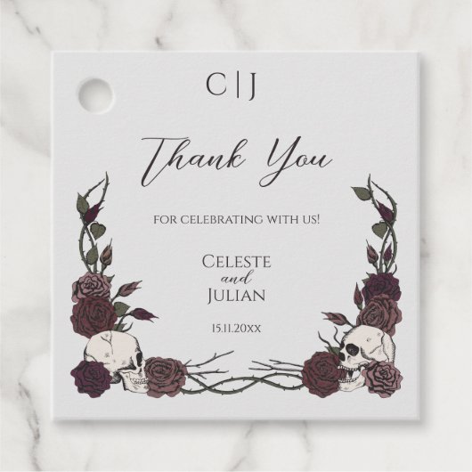 Étiquettes Cadeau Gothic Monogram Skull & Rose Wedding Thank You (Devant)