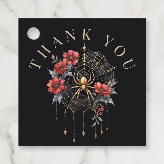 Étiquettes Cadeau Gothique Rouge & Or Floral Spiderweb Merci (Devant)