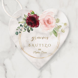 Étiquettes Cadeau Gracias Bautizo espagnol Fleurs de Bruit bordeaux