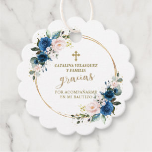 Étiquettes Cadeau Gracias Bleu rose Floral Bloom Gold Cross Bautizo