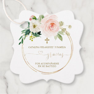 Étiquettes Cadeau Gracias Rose Blush Floral Gold Cross Bautizo