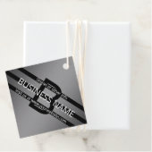 Étiquettes Cadeau Gradient gris moderne et bandes noires horizontale (En situation)