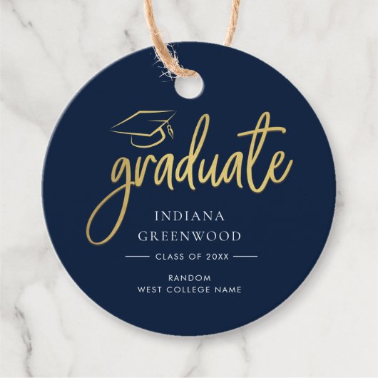 Étiquettes Cadeau Graduation 2025 Navy Blue Script Custom (Devant)