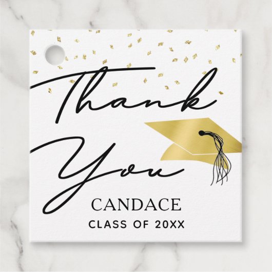 Étiquettes Cadeau Graduation Black Gold Script Confetti Merci (Devant)