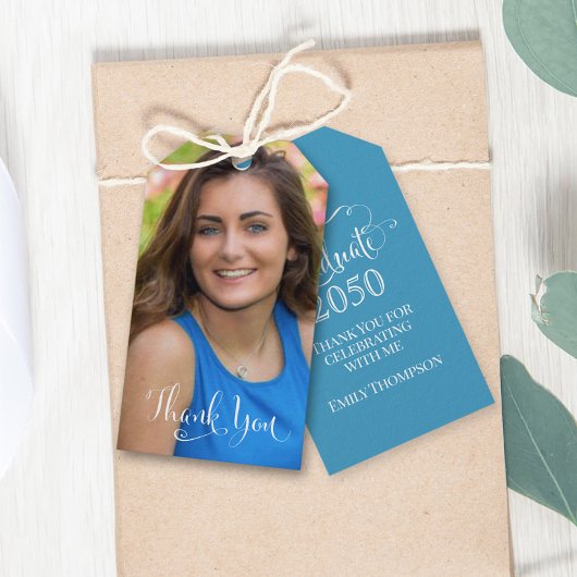 Étiquettes-cadeau Graduation Photo Elégant Merci Script Turquoise