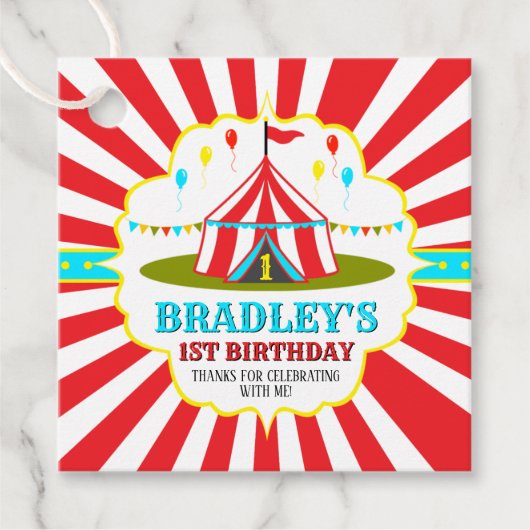 Étiquettes Cadeau Grand Top Carnaval de cirque 1er anniversaire (Devant)