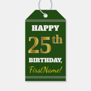 Étiquettes-cadeau Green, Faux Gold 25e anniversaire + Nom personnali