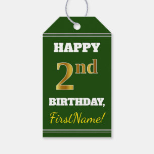 Étiquettes-cadeau Green, Faux Gold 2e anniversaire + Nom personnalis