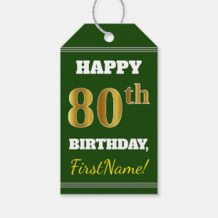 Étiquettes-cadeau Green, Faux Gold 80e anniversaire + Nom personnali