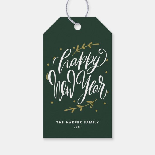 Étiquettes-cadeau Green Happy New Year Modern Calligraphy Wreath (Devant)