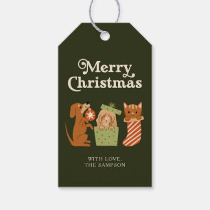 Étiquettes-cadeau Green Holiday Chat Dog Joyeux Noël