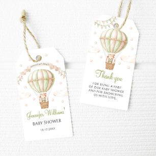 Étiquettes-cadeau Green Hot Air Balloon Teddy Baby shower merci