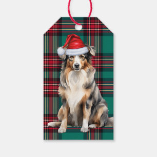 Étiquettes-cadeau Green Plaid et Australian Shepherd Christmas Dog
