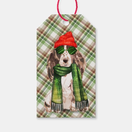 Étiquettes-cadeau Green Plaid et Cocker Spaniel Chien Noël (Devant)