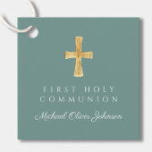 Étiquettes Cadeau Green Script Cross Boy First Communion