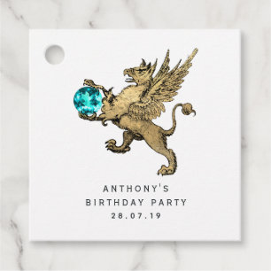 Étiquettes Cadeau Griffon damassé bleu-vert et or Pierre précieuse a