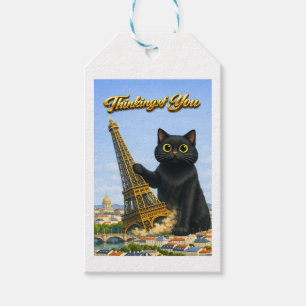 Étiquettes-cadeau Gros Chat Noir Renverse la Tour Eiffel pour Penser