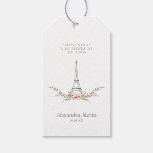 Étiquettes-cadeau Guirnalda Rosa y Verde con Torre Eiffel para XV (Devant)