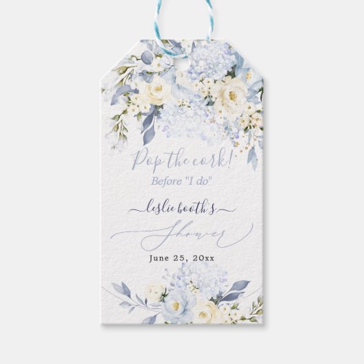 Étiquettes-cadeau H2 Hydrangea Bleu Roses Crème Shower de Mariée (Devant)