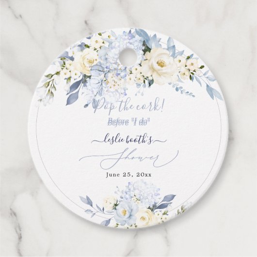 Étiquettes Cadeau H2 Hydrangea Bleu Roses Crème Shower de Mariée (Devant)