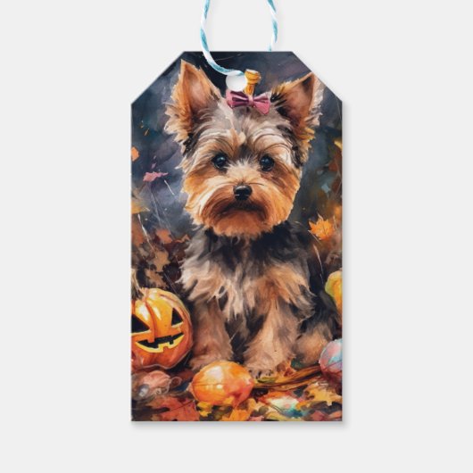 Étiquettes-cadeau Halloween Biewer Terrier Avec La Peur Citrouille (Devant)