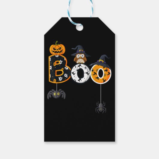 Étiquettes-cadeau Halloween Boo Owl avec sorcière Casquette araignée (Devant)