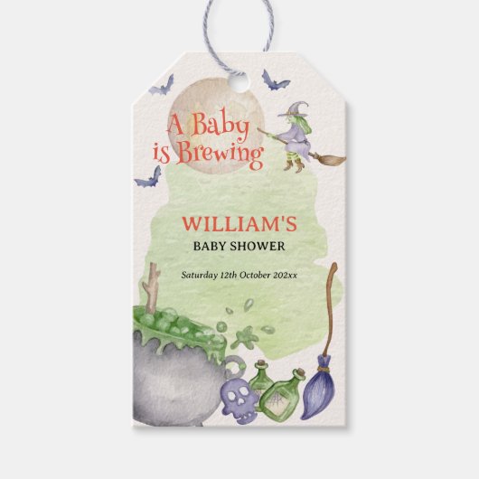 Étiquettes-cadeau Halloween Cauldron Baby brasse une douche (Devant)