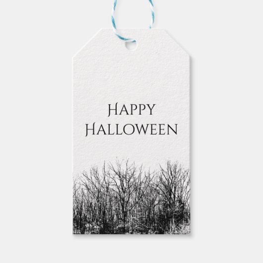 Étiquettes-cadeau Halloween gothique Bois hanté noir blanc (Devant)