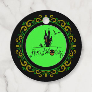 Étiquettes Cadeau Halloween Jaune Green Happy Haunween Maison hantée