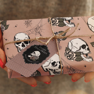 Étiquettes-cadeau Halloween Rose vintage et crânes floraux pourpres