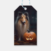 Étiquettes-cadeau Halloween Rough Collie Avec Citrouille effroi (Devant)