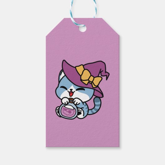 Étiquettes-cadeau Halloween Tabby Cat – Witch Hat & Potion Art (Devant)