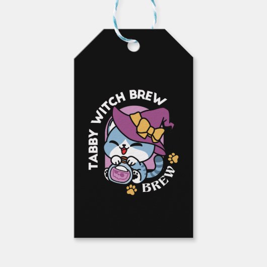 Étiquettes-cadeau Halloween Tabby Cat – Witch Hat & Potion Art (Devant)