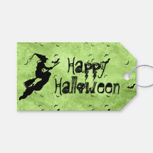 Étiquettes-cadeau Halloween Witch & Bats Silhouette Green Grunge (Devant (Horizontal))