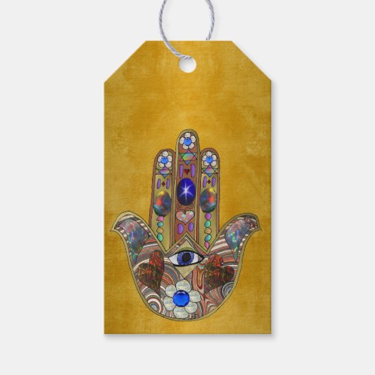 Étiquettes-cadeau Hamsa Coeurs Fleurs Opal Art sur Or (Devant)