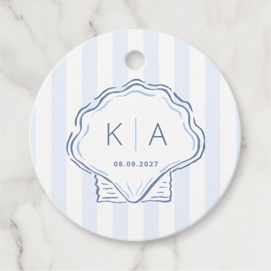 Étiquettes Cadeau Hand-Drawn Blue And White Shell Monogram Wedding (Devant)