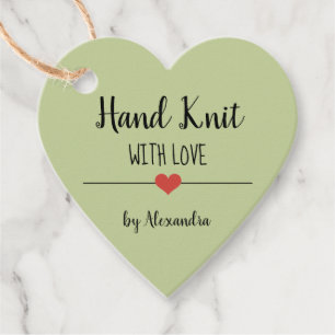 Étiquettes Cadeau Hand Knit avec amour nom de script blanc