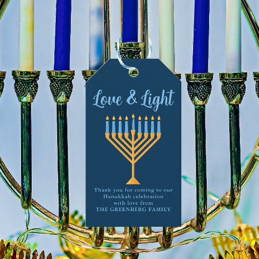 Étiquettes-cadeau Hanoukka Love & Light Custom Menorah Blue Party