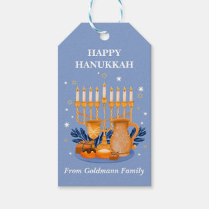 Étiquettes-cadeau Hanoukka moderne Blue & Gold Happy