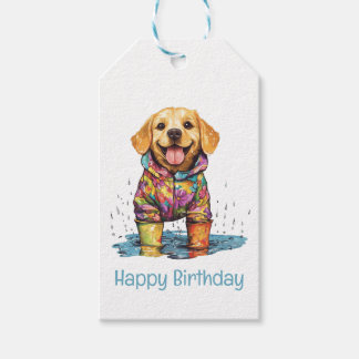 Étiquettes-cadeau Happy Birthday Labrador Retriever Rain Puddle