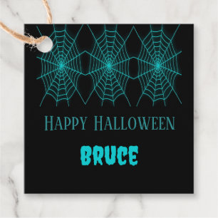 Étiquettes Cadeau Happy Halloween neon bleu spiderweb noir