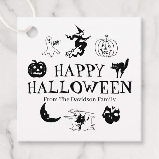 Étiquettes Cadeau Happy Halloween nom personnalisé noir blanc éffray (Devant)