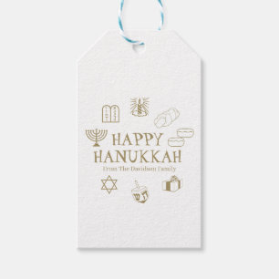 Étiquettes-cadeau Happy Hanoukka or blanc personnalisé nom de famil