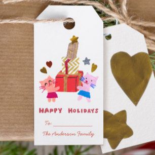 Étiquettes-cadeau Happy Holidays chats chatons et présente blanc