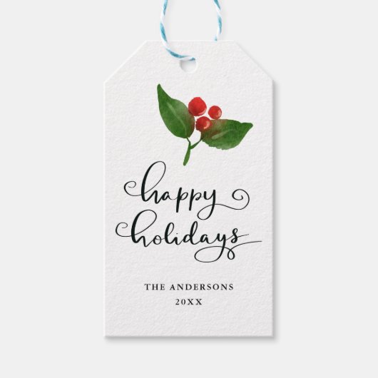 Étiquettes-cadeau Happy Holidays Watercolor Holly Holiday Script (Devant)