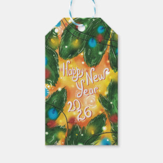 Étiquettes-cadeau Happy New Year 2026 Pine Branches & Lights