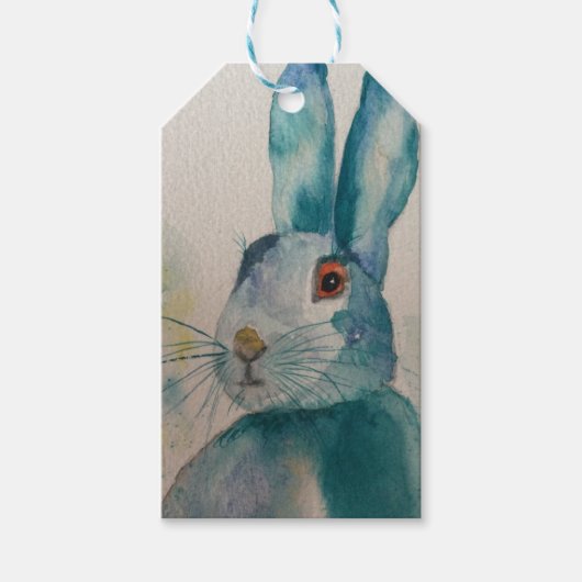 Étiquettes-cadeau Hare Rabbit Aquarelle Bleu tag cadeau. (Devant)