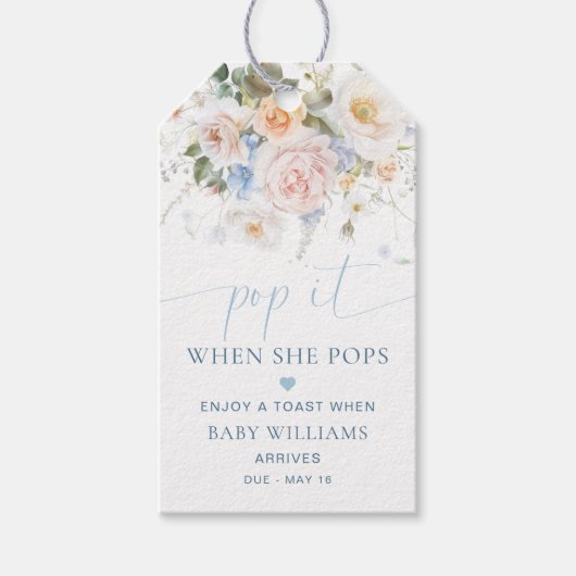 Étiquettes-cadeau Hargrove Fleurs Bleus Baby Shower Pop It (Devant)