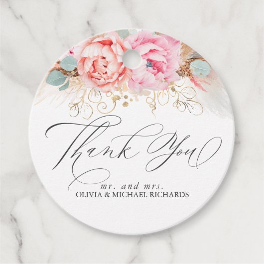 Étiquettes Cadeau Herbe des Pampas et Fleurs Roses Merci (Devant)